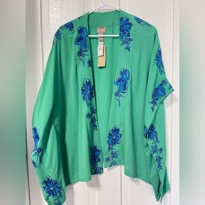 Chico's Green Open-Front Floral Embroidered Kimono